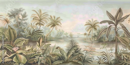 wallpaper jungle and leaves tropical forest, old drawing vintage