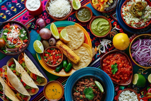 Mexican food on a Mexican bright embroidered tablecloth