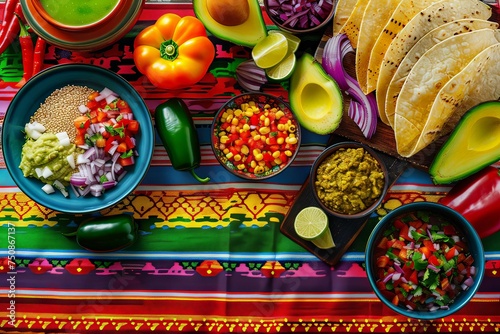 Mexican food on a Mexican bright embroidered tablecloth