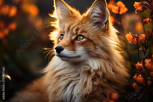 Golden fox in the flowered field under the sun., generative IA