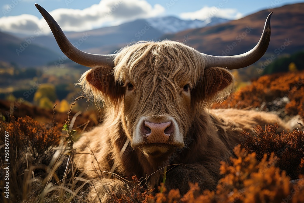 Highland cow grazing in the Scottish hills., generative IA Highland cow grazing in the Scottish hills., generative IA