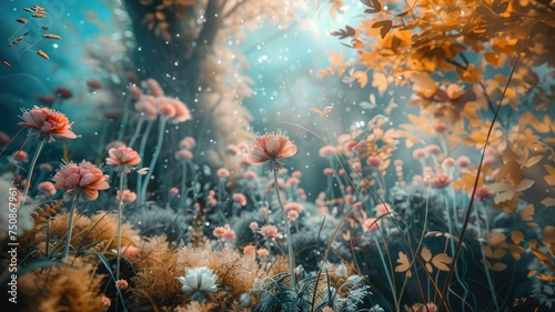 Enchanting forest with flowers and light beams - A mystical forest scene with colorful flowers and ethereal light beams shining through  invoking a sense of wonder