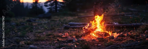 Dusk campfire in a serene mountain setting - Twilight falls on a campfire set amidst a peaceful mountain forest, casting a warm glow on the natural surroundings