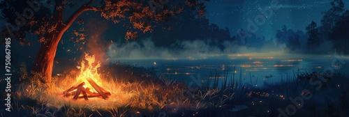 Enchanting night by a lakeside campfire - An illustration of a serene lakeside campfire at night under stars, evoking a peaceful, adventurous outdoor experience photo