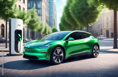 Futuristic green Electric car at charge station with green city street skyline. Electromobility e-motion concept. © Yekatseryna