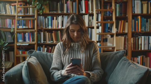 A woman at a cozy home library  surrounded by books  taking a moment to check her investments on her smartphone  Finance and Economy  Business Strategy  with copy space