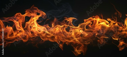 A detailed view of a fire burning fiercely against a black backdrop, showcasing its bright flames and glowing embers.