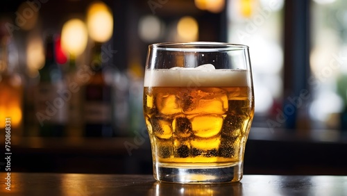 Glass of beer on wooden table and blurred background