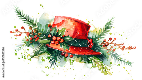 Christmassy Charm: Exquisite Watercolor Christmas Hat Illustration Ideal for Greeting Cards & Invites