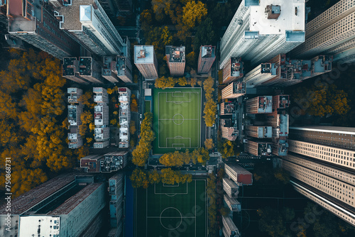 Soccer field among skyscrapers in a downtown. Aerial view on the football pitch in a city center. Autumn time in a city