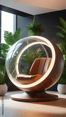 Futuristic light sci-fi pod chair, futuristic chair in modern living room with big window and chair. Modern interior of living- room