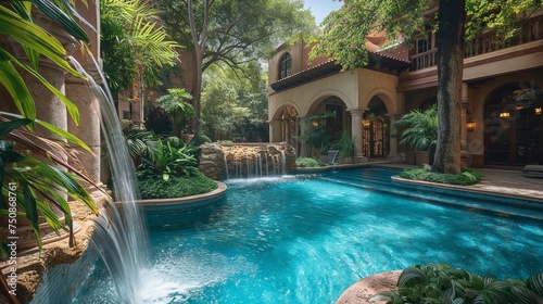 A glimpse of paradise in a breathtaking view of a grand pool, featuring cascading water features and surrounded by meticulously landscaped gardens