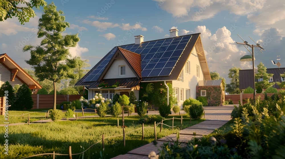 Beautiful houses with solar panels on the roof