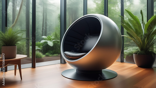 Futuristic light sci-fi pod chair, futuristic chair in modern living room with big window and chair. Modern interior of living- room