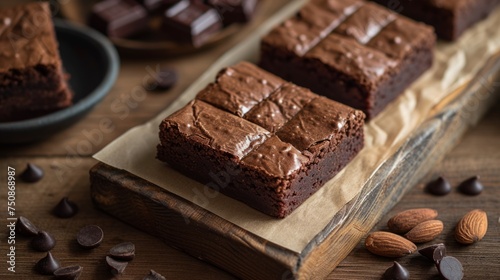 Homemade chocolate brownies on rustic wooden background, selective focus