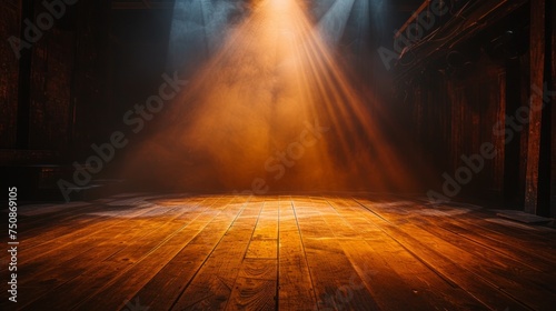 Wooden stage with a spotlight against a dark background ambiance. Warm  golden spotlight. Vintage retro background scene
