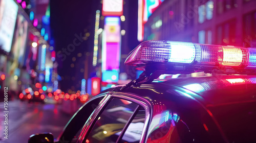 Police strobe lights close-up, evening city street in the background © Kondor83