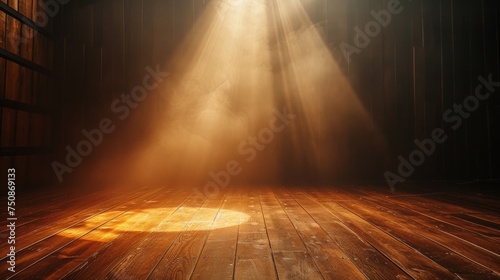 Wooden stage with a spotlight against a dark background ambiance. Warm, golden spotlight. Vintage retro background scene