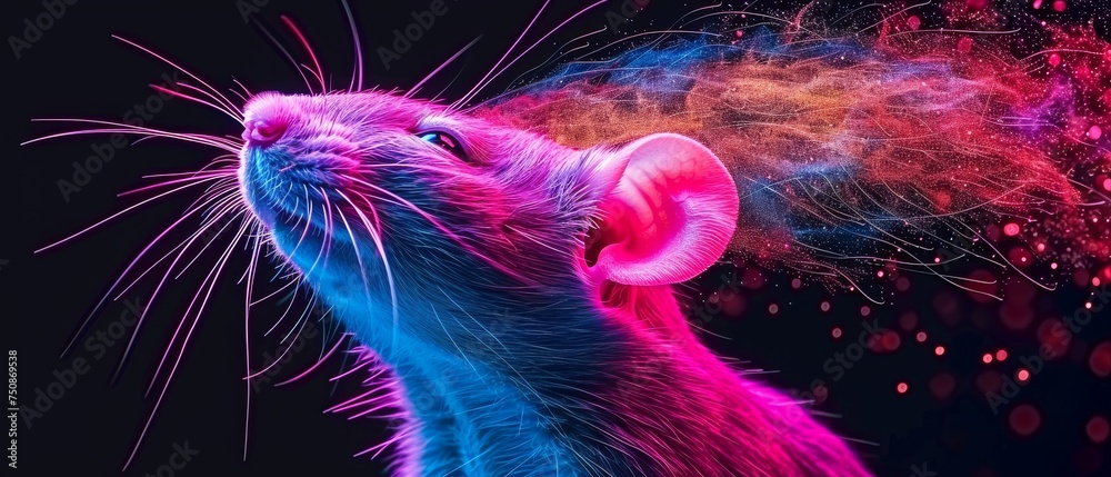 a close up of a rat looking up at the sky with fireworks coming out of the back of its head.