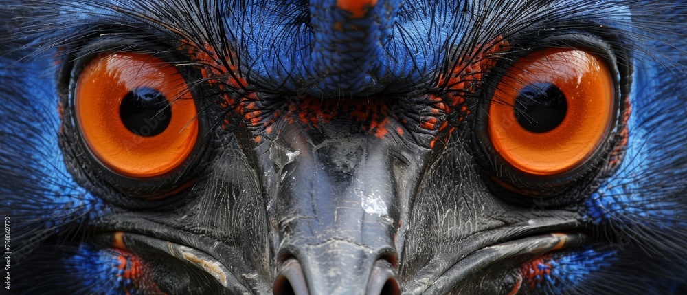 a close up of a blue and orange bird's face with an orange - eyed bird's eye.