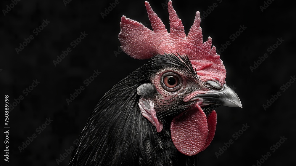 a close - up of a rooster's head with a black back ground and a black back ground background.
