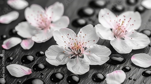 a black and white photo of flowers and water droplets on a wooden surface with drops of water on the petals.