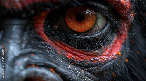 a close up of an animal's eye with red and black paint splattered all over it's face.
