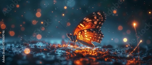 a close up of a butterfly on a ground with a lot of lights in the background and a blurry image in the foreground.