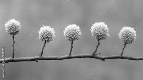a black and white photo of a tree branch with five white flowers in the middle of each of the branches. © Jevjenijs