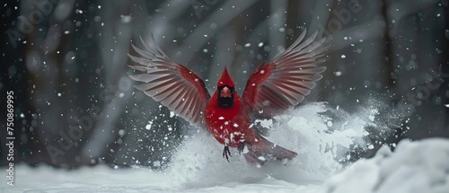 a red bird with its wings spread spread out in the snow as it spreads its wings in front of the camera. photo