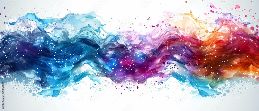a multicolored abstract painting on a white background with a splash of paint on the left side of the image.