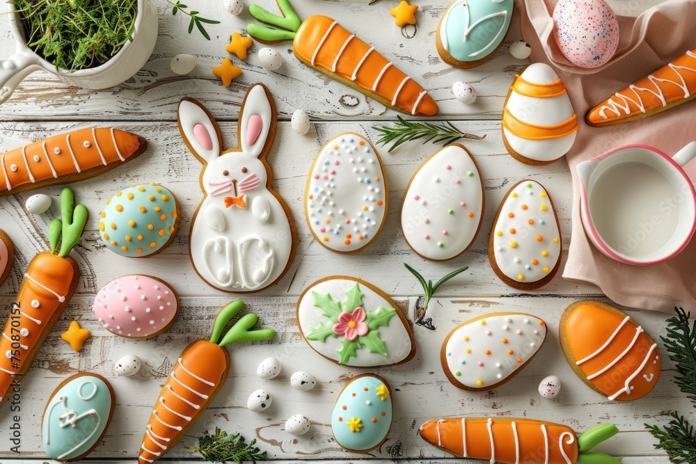 A table with a variety of Easter cookies and a carrot. The cookies are decorated with icing and some have bunny designs - obrazy, fototapety, plakaty 