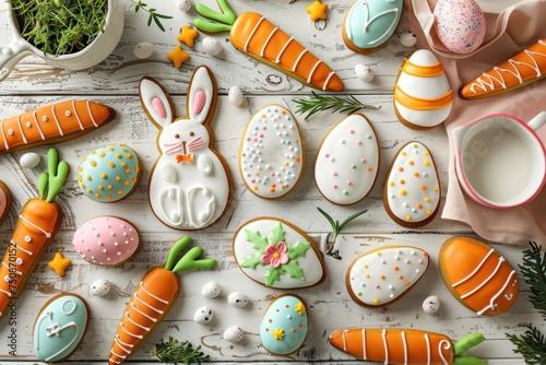 A table with a variety of Easter cookies and a carrot. The cookies are decorated with icing and some have bunny designs