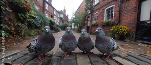 a group of pigeons sitting on top of a wooden bench in front of a brick building on a city street. photo