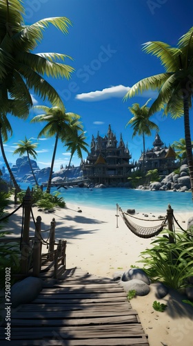 A tropical beach with palm trees and hammocks
