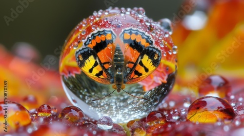 a close up of a red and yellow butterfly on a flower with drops of water on it's wings. © Jevjenijs