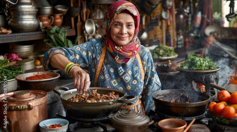 a woman standing in front of a table filled with pots and pans filled with food and smiling at the camera. a woman standing in front of a table filled with pots and pans filled with food and smiling at the camera.
