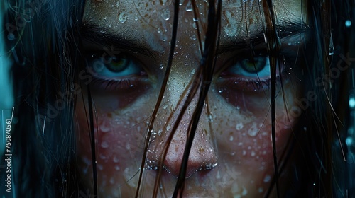a close up of a woman's face with drops of water on her face and her hair blowing in the wind. photo