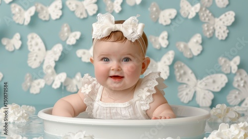 a baby girl sitting in a white bowl with white flowers on a blue wall behind her is a butterfly backdrop. photo