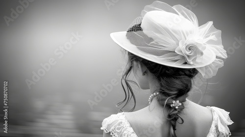 the back of a woman's head wearing a white hat with a flower in the center of her hair. photo