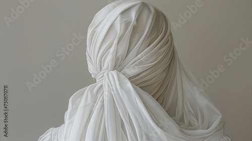 the back of a woman's head with a white dress draped over the top of her head and the back of her head.