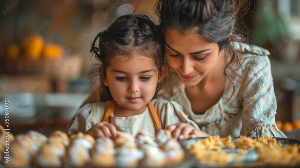 Indian mother teaches her daughter how to make cakes. Family cooking.
 - obrazy, fototapety, plakaty 