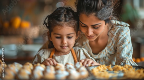 Indian mother teaches her daughter how to make cakes. Family cooking. 