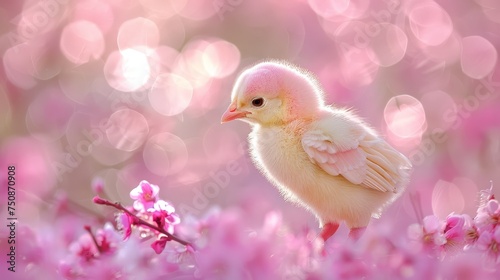a close up of a small bird in a field of flowers with boke of light in the back ground.