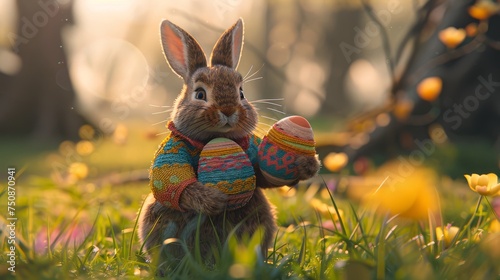 a stuffed rabbit holding an easter egg in a field of grass with yellow flowers in the foreground and trees in the background.
