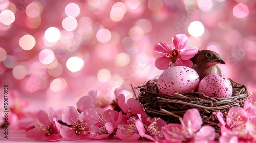 a bird sitting on top of a nest with two eggs in it and pink flowers in front of a pink background.
