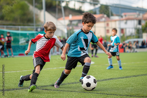 Soccer boys kicking the ball during a junior soccer league game. Two boys chasing a ball in a sports duel. School kids in soccer jersey shirts © matimix