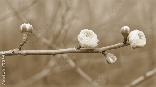 a close up of a tree branch with small white flowers in the foreground and a blurry background of trees in the background.