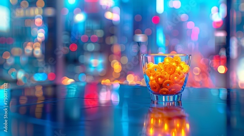 a glass filled with candies on top of a table in front of a blurry cityscape at night. photo