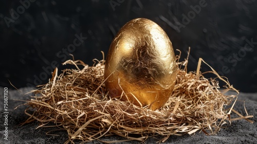a golden egg sitting on top of a pile of dry grass next to a pile of straw on top of a bed of dry grass.